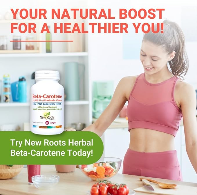 NEW ROOTS HERBAL Beta-Carotene 25,000 IU Supplements | Vitamin A (90 Softgels) | Full Spectrum of Carotenoids | Naturally Sourced from Non-GMO Red Palm Fruit + Organic Flax Seed Oil