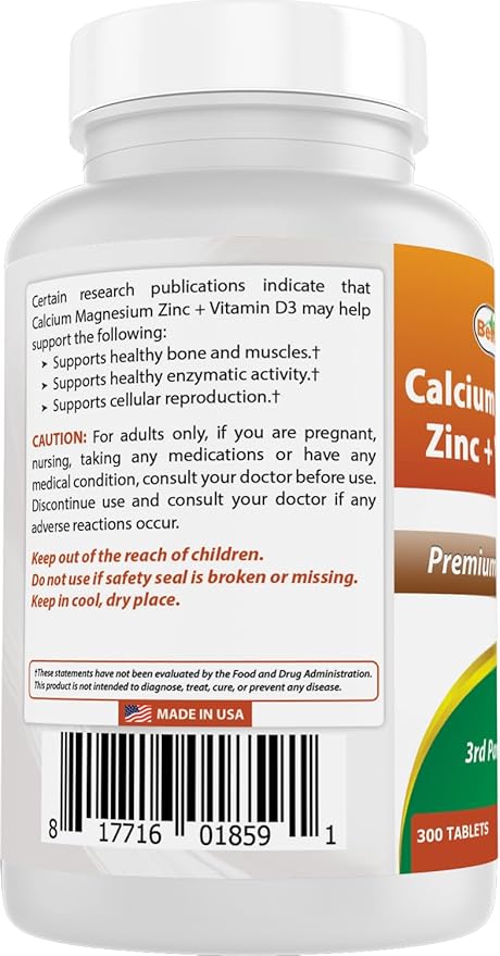 Best Naturals Calcium Magnesium Zinc with Vitamin D3, 300 Tablets - Calcium 1000 mg, Magnesium 400 mg, Zinc 25 mg & D3 600 IU per Serving (3 Tablets)