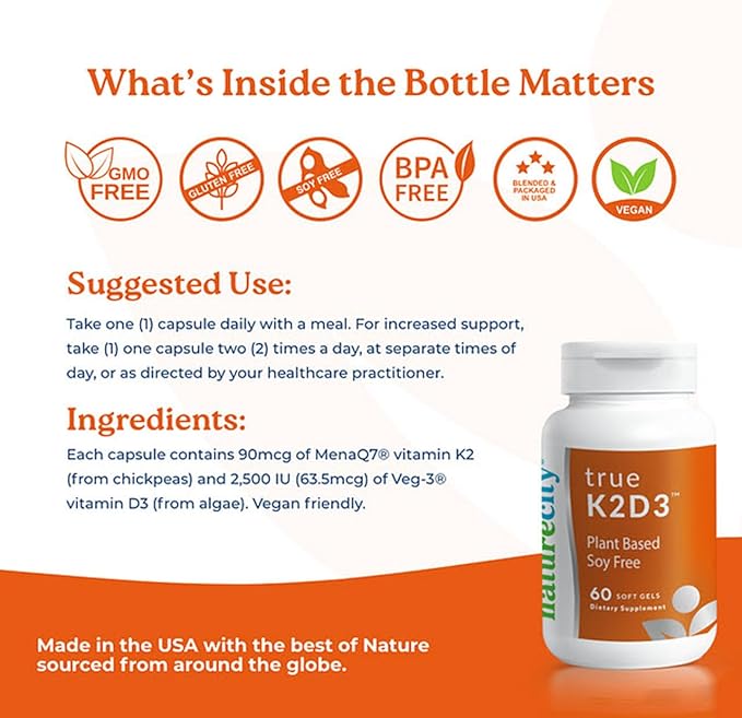 NatureCity TrueK2D3 Plant Based Vitamin K2 MK7 (90 mcg) & D3 from Algae(2,500 IU) 2 in 1 Vitamin D3 K2 Supplement for Bone, Heart and Immune Health – 60 Veggie Capsules
