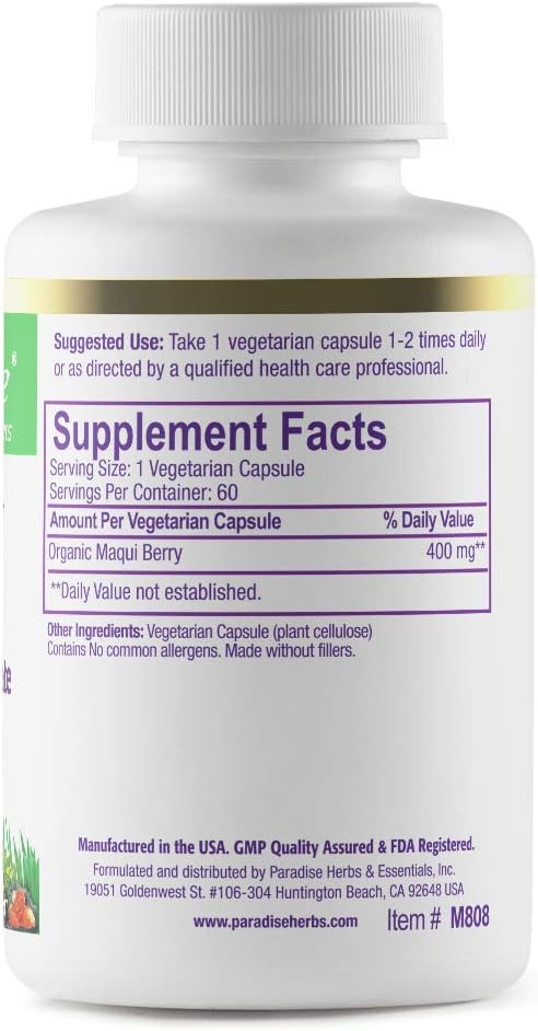 Paradise Herbs, Organic Maqui Berry Extract, 400 mg, Fresh, Freeze-Dried Concentrate for Superior Potency, Non-GMO, Vegan, 60 Capsules
