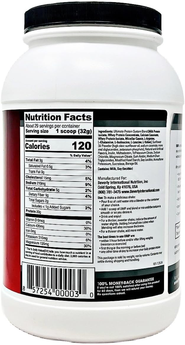 Beverly International UMP Protein Powder, Angel Food Cake. Unique Whey-Casein Ratio Builds Lean Muscle. Easy to Digest. No Bloat. (32.8 oz) 2lb .8 oz