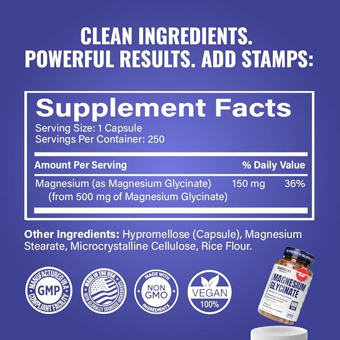Magnesium Glycinate 500mg - Chelated & Buffered High Absorption Magnesium Supplement to Support Stress Relief, Digestion, Bone, Sleep, Nerves & Muscle Health - Made in USA - 250 Vegan Capsules