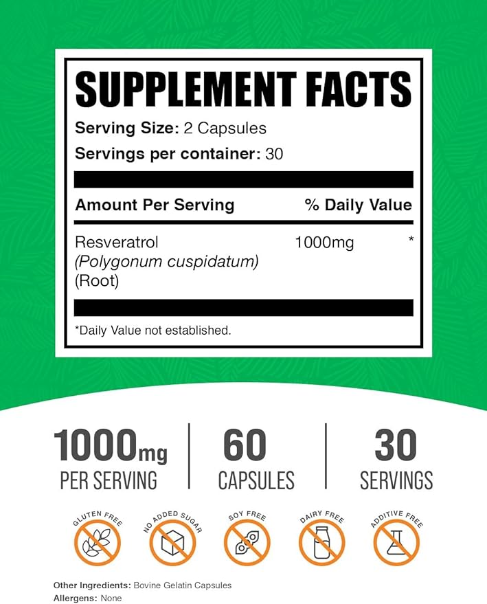 BulkSupplements.com Resveratrol Capsules - Resveratrol Supplement, Polygonum Cuspidatum, Resveratrol 1000mg - Antioxidants Supplement, Resveratrol Pills - 2 Capsules per Serving, 60 Capsules