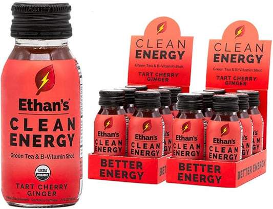 Ethan's Organic Clean Energy Shots Tart Cherry Ginger, Sugar Free Natural Pre-Workout Focus Boost, Gluten Free, Vegan, B6 & B12 Vitamin C with Green Tea Extract and Guayusa (12 Pack of 2oz Shots)