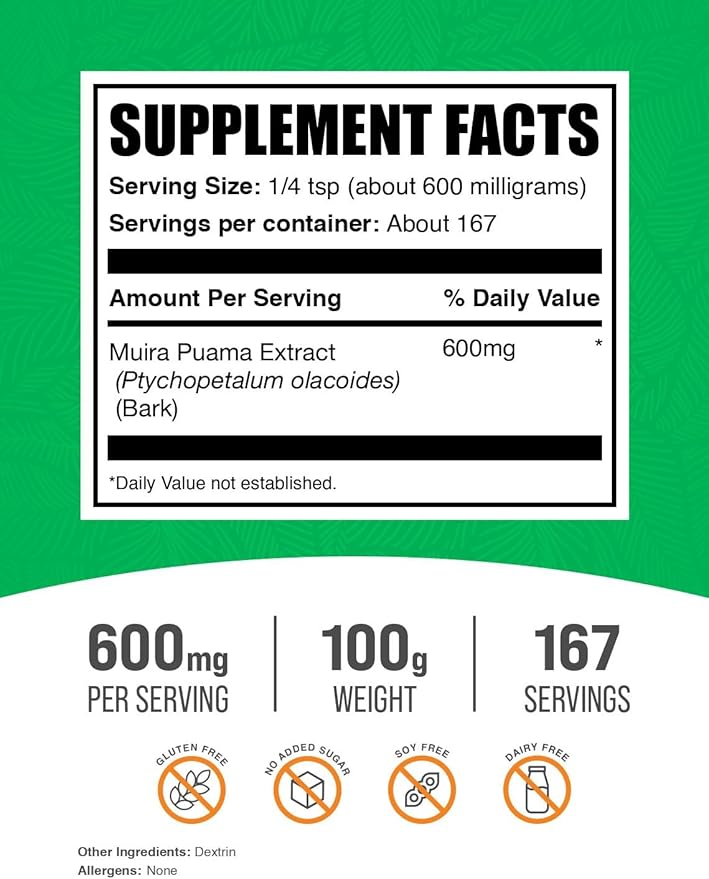 BulkSupplements.com Muira Puama Extract Powder - Muira Puama Supplement, from Muira Puama Bark - Herbal Supplement, Gluten Free, 600mg per Serving, 100g (3.5 oz) (Pack of 1)