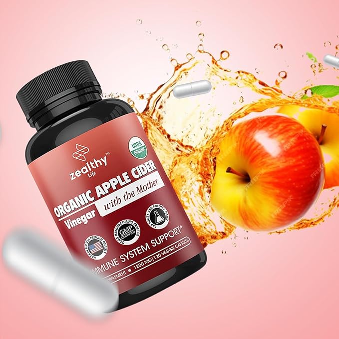 Organic Apple Cider Vinegar with The Mother – 1200mg Capsules for Optimal Wellness, Gluten-Free, Non-GMO, 120 Veggie Capsules – Zealthy Life