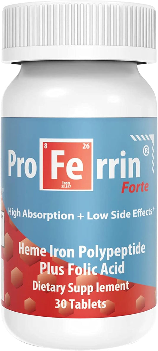 Proferrin Forte-12mg of high Absorbing Heme Iron Polypeptide. Easy on The Gut. 30 Tablets. 1mg of Folic Acid to aid in red Blood Cell Production. Not affected by Coffee, Calcium, or PPI's.