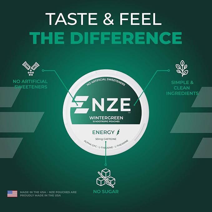 NZE Caffeine Nootropic Pouches (Wintergreen) - Energy Pouches with 50mg Caffeine, Alpha GPC, L-Tyrosine & L-Theanine with No Sugar or Artificial Sweeteners - 15 Nicotine Free Pouches Per Can - 5 Pack
