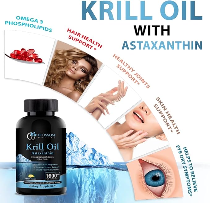 Antarctic Krill Oil 1000mg Softgels with Astaxanthin – Omega-3 EPA & DHA Supplement for Heart, Brain, and Joint Health in Form of Phospholipids– 60 Vanilla-Flavored Softgels