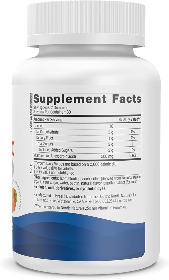 Nordic Naturals Vitamin C Extra Strength Gummies - Tangerine Flavor - 60 Gummies - 500 mg Vegan Vitamin C Supplement - Low-Sugar Immune - Support - 30 Servings