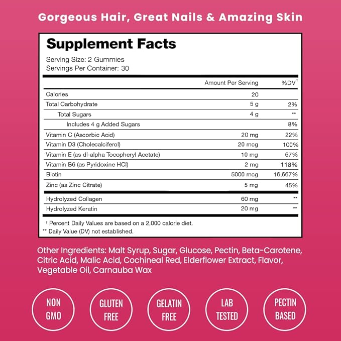 NutraChamps Hair Skin & Nails Gummies | Biotin with Collagen & Keratin | 5000mcg Biotin Beauty Complex | Vitamin Supplement for Women & Men | Berry | Healthy Hair, Radiant Skin & Strong Nails