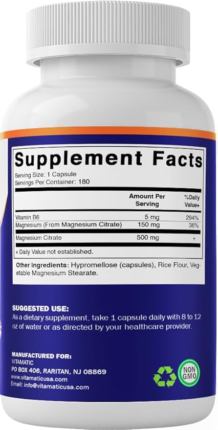 Vitamatic Magnesium Citrate 500mg per Serving - 180 Vegetarian Capsules (Provides 150 mg of Elemental Magnesium) - Added B6 for Maximum Absorption - Supports Muscle, Joint, and Heart Health*