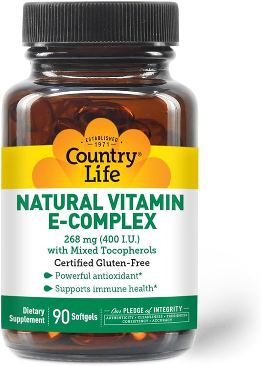 Country Life Vitamin E-Complex 400 IU – Natural Mixed Tocopherols – Antioxidant & Immune Support – Promotes Skin Health & Fights Oxidative Stress – Certified Gluten-Free – 90 Softgels