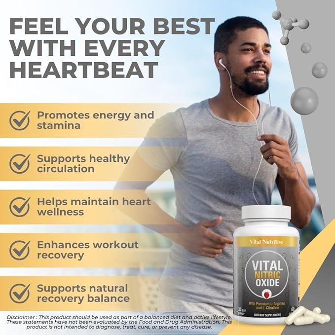 Vital Nitric Oxide Supplements for Men - Workout Booster Supplement for Men - Nitrous Oxide Boost Blood Flow, Blood Pressure, Energy & Workout Performance with L Arginine L Citruline-30 Days Supply