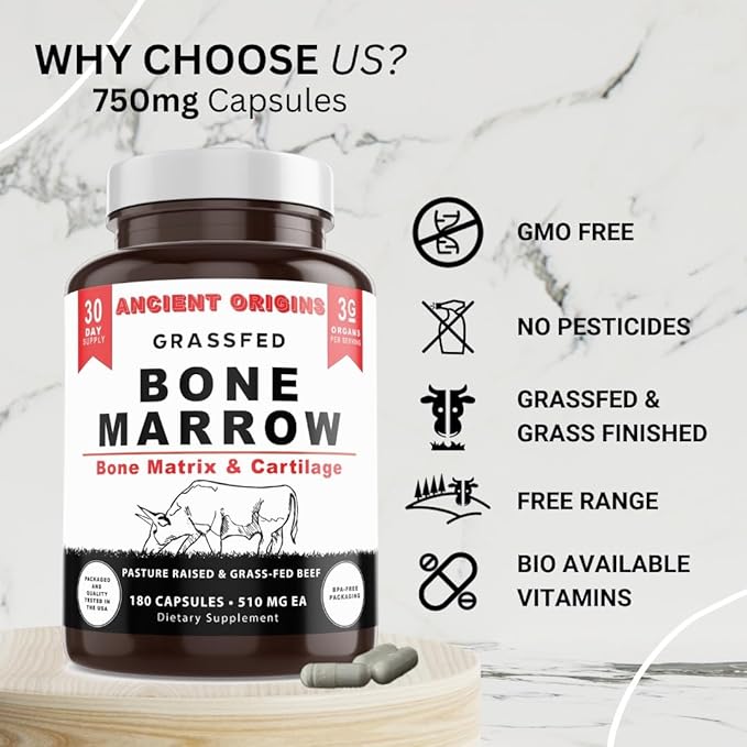 Grass Fed Bone Marrow Supplement, 3060mg, Skin, Oral Health, and Joint Support Supplement, Promotes Whole-Body Wellness, Non GMO Whole Bone Extract, 180 Capsules