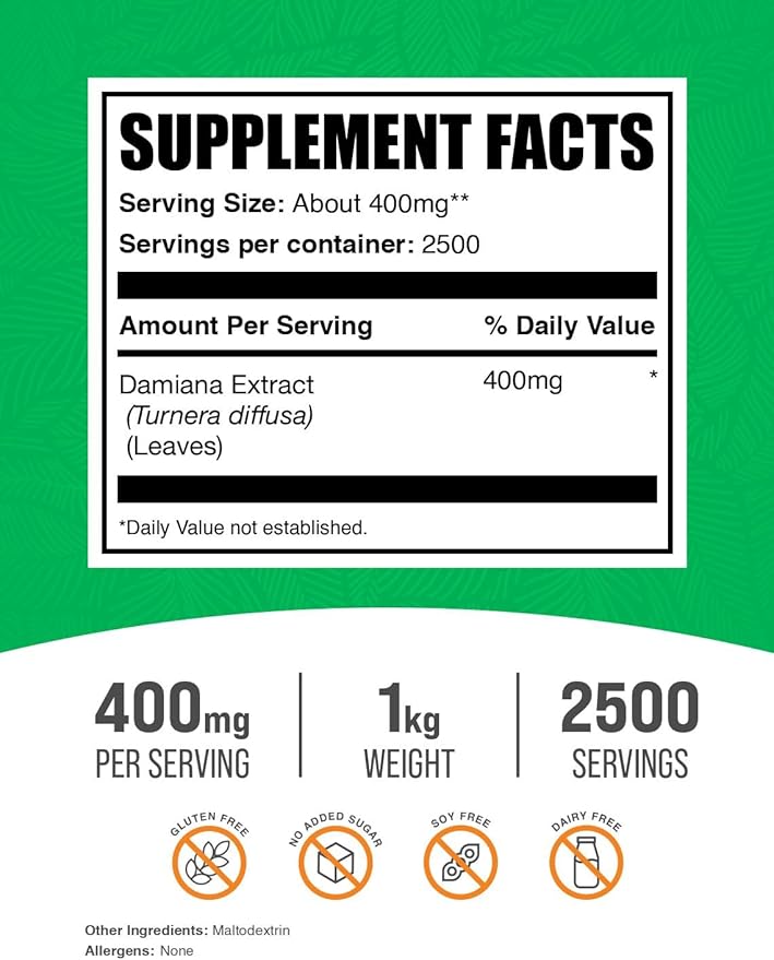 BulkSupplements.com Damiana Extract Powder - Damiana Supplement, Herbal Supplement - Vegan & Gluten Free, 400mg per Serving, 1kg (2.2 lbs) (Pack of 1)