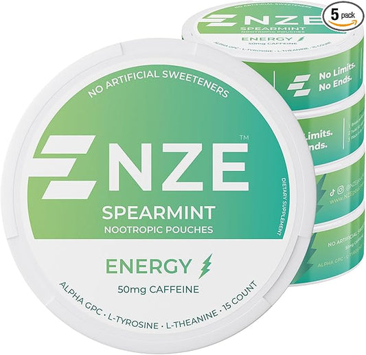 NZE Caffeine Nootropic Pouches (Spearmint) - Energy Pouches with 50mg Caffeine, Alpha GPC, L-Tyrosine & L-Theanine with No Sugar or Artificial Sweeteners - 15 Nicotine Free Pouches Per Can - 5 Pack