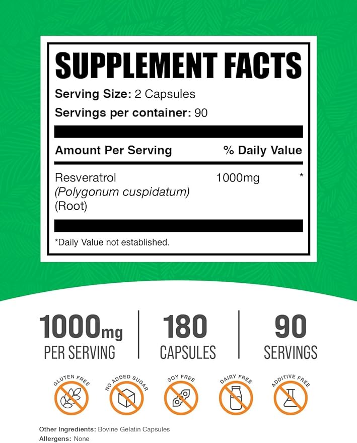 BulkSupplements.com Resveratrol Capsules - Resveratrol Supplement, Antioxidants Supplement, Resveratrol 1000mg - Gluten Free, 2 Capsules per Serving, 180 Count (Pack of 1)