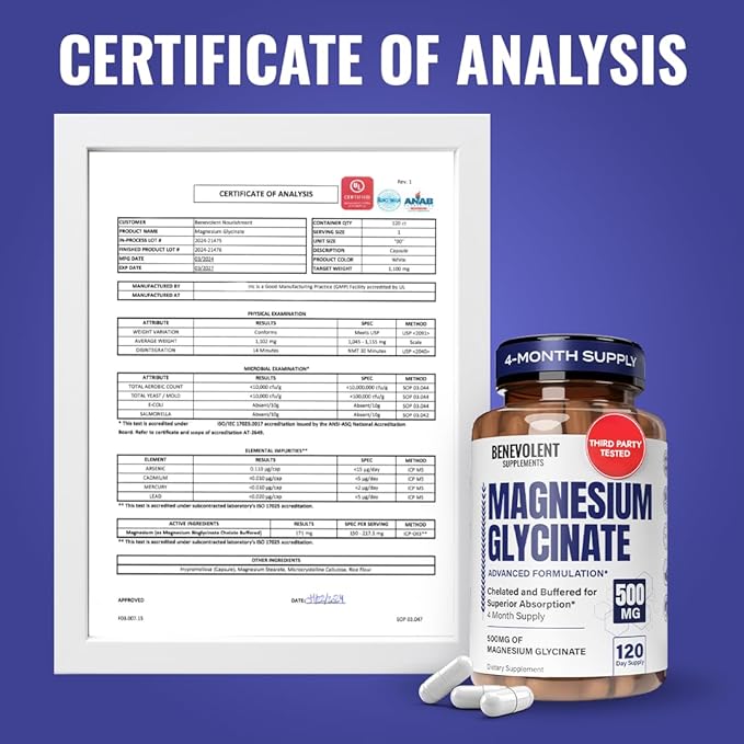 Magnesium Glycinate 500mg - Chelated & Buffered High Absorption Magnesium Supplement to Support Stress Relief, Digestion, Bone, Sleep, Nerves & Muscle Health - Made in USA - 120 Vegan Capsules