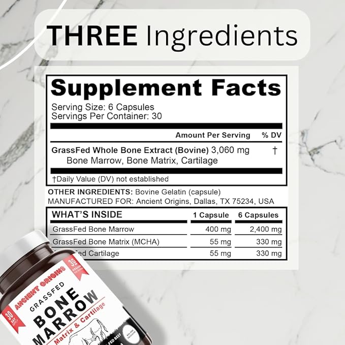 Grass Fed Bone Marrow Supplement, 3060mg, Skin, Oral Health, and Joint Support Supplement, Promotes Whole-Body Wellness, Non GMO Whole Bone Extract, 180 Capsules