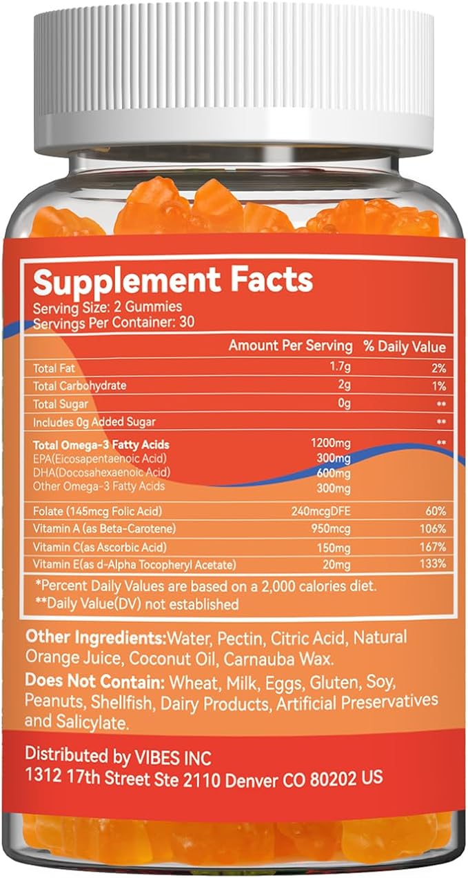Omega 3 Gummies Supplement 1000mg, High Absorption DHA & EPA, Heart, Brain & Joint Support, Extra Strength Fish Oil Omega 3 Gummies Vitamins, 60 Count