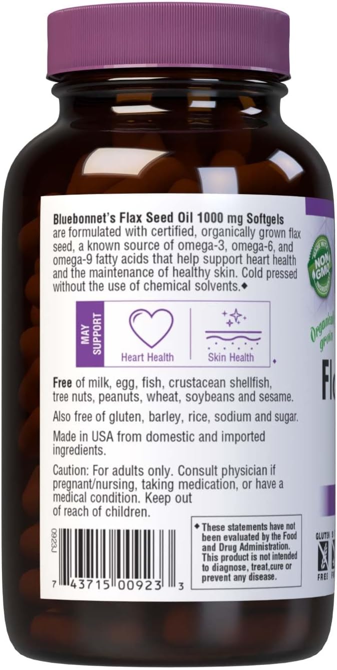 BlueBonnet Flax Seed Oil 1000 mg - Omega 3 6 9 Fatty Acids Heart Health & Skin Support for Women & Men - Cold-Pressed, Organic Flaxseed Oil Capsules - Non-GMO, Gluten-Free, Soy-Free - 250 Softgels