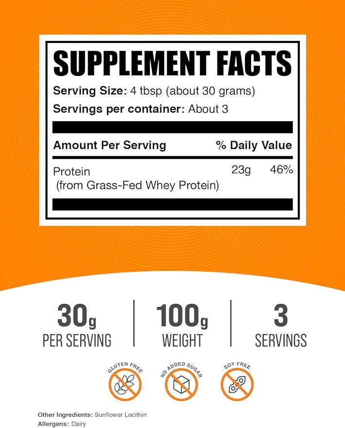 BulkSupplements.com Grass Fed Whey Protein Powder - Whey Protein Concentrate Powder - Unflavored & Gluten Free, 30g per Serving, 100g (3.5 oz) (Pack of 1)