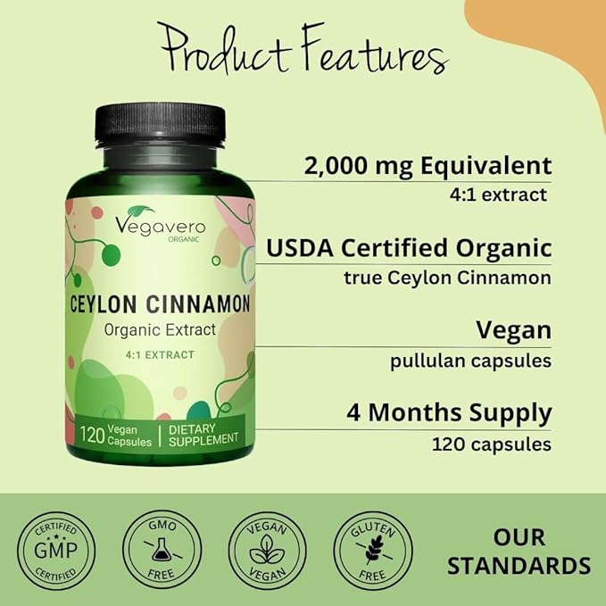Organic Ceylon Cinnamon | 2000mg | USDA Certified | NO Artificial Additives | 4 Month Supply | Lab-Tested, Non-GMO | 120 Capsules | Vegan