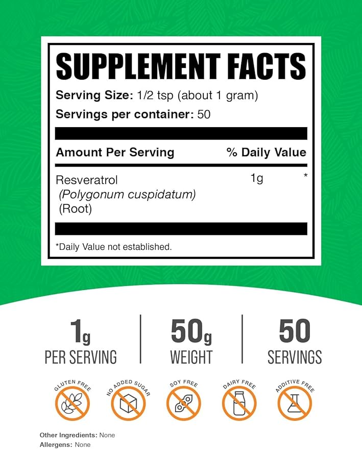 BulkSupplements.com Resveratrol Powder - Resveratrol Supplement, from Polygonum Cuspidatum - Antioxidant, Gluten Free, 1g per Serving, 50g (1.8 oz) (Pack of 1)