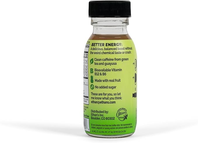 Ethan's Organic Clean Energy Shots Pineapple, Sugar Free Natural Pre-Workout Focus Boost, Gluten Free, Vegan, B6 & B12 Vitamin C with Green Tea Extract and Guayusa (12 Pack of 2oz Shots)