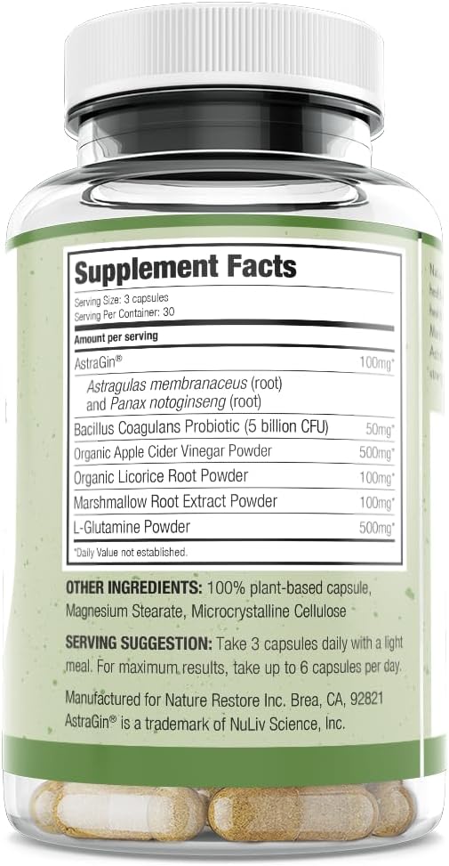 Nature Restore Gut Support Capsules | Marshmallow Root, Licorice, L Glutamine, Probiotic & AstraGin | Digestive & Microbiome Health | 60 Count