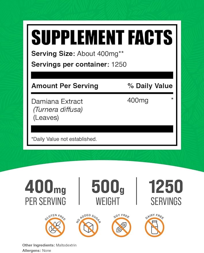 BulkSupplements.com Damiana Extract Powder - Damiana Supplement, Herbal Supplement - Vegan & Gluten Free, 400mg per Serving, 500g (1.1 lbs) (Pack of 1)