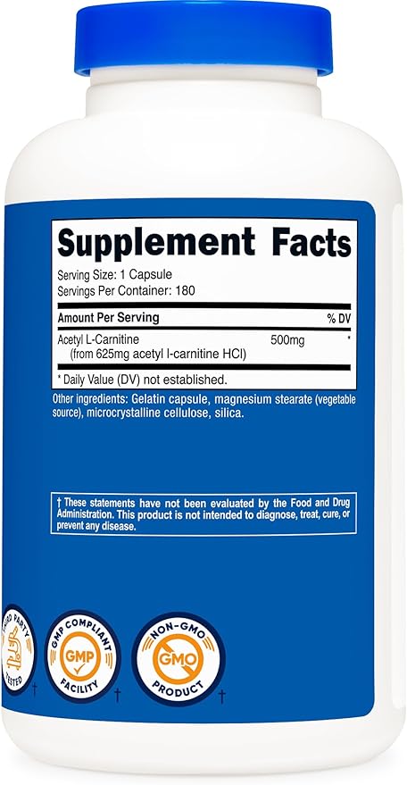 Nutricost Acetyl L-Carnitine (ALCAR) 500mg, 180 Capsules, 180 Servings - Non-GMO and Gluten Free, 1 Capsule per Serving