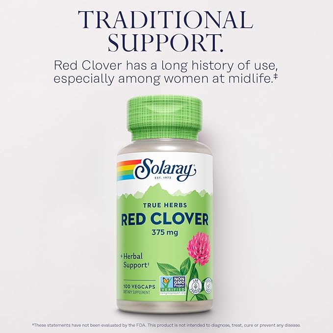 SOLARAY Red Clover 375 mg - Traditional Women's Health Herbal Support - Non-GMO Verified, Vegan, Lab Verified - 60-Day Guarantee - 100 Servings, 100 VegCaps
