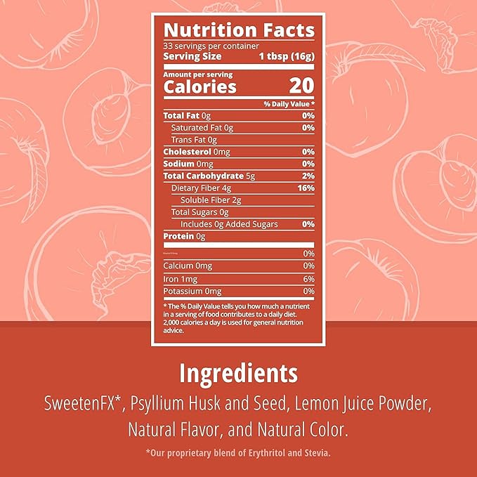 Sugar-Free Psyllium Husk Fiber Powder, Peach Flavored 19 oz