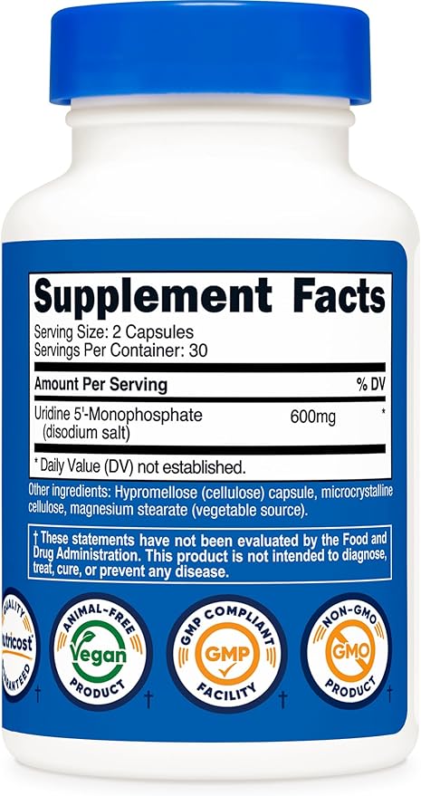 Nutricost Uridine Monophosphate 60 Capsules, 600 mg per Serving - Vegan, 30 Servings