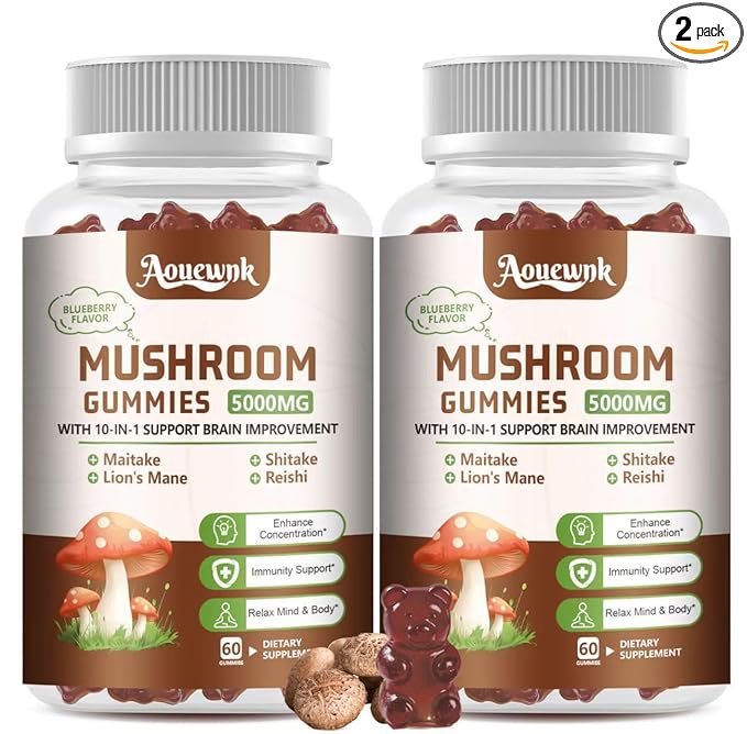 2 Pack 5000MG Mushroom Gummies - 10-in-1 Blend Mushroom Complex Supplement containing Lion's Mane, Immunity, Focus & Energy, Support Adults & Kids, 120 Cts