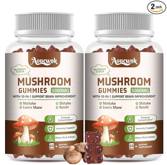 2 Pack 5000MG Mushroom Gummies - 10-in-1 Blend Mushroom Complex Supplement containing Lion's Mane, Immunity, Focus & Energy, Support Adults & Kids, 120 Cts