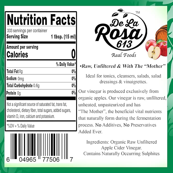 De La Rosa Organic Apple Cider Vinegar, Raw & Unfiltered, Kosher for Passover, Vegan & Gluten Free, Great for Salad Dressing & Marinades, Apple Cider with The Mother, 5 Liter (Pack of 1)