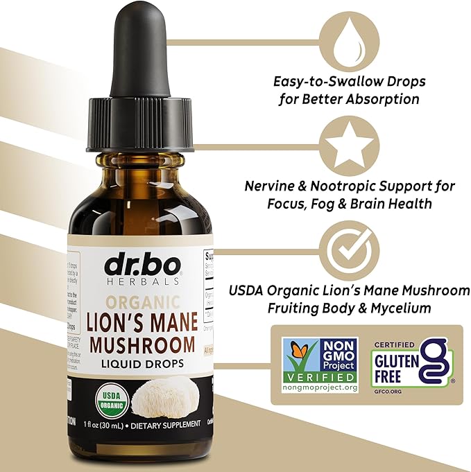 Lions Mane Mushroom Supplement Drops - Organic Lion's Mane Mushroom Liquid Tincture for Focus, Fog Brain Health Supplements - Vegan Herbal Nervine Nootropic Organic Lions Liquid Supplement Extract 1oz