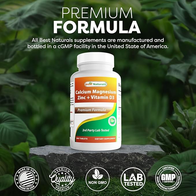 Best Naturals Calcium Magnesium Zinc with Vitamin D3, 300 Tablets - Calcium 1000 mg, Magnesium 400 mg, Zinc 25 mg & D3 600 IU per Serving (3 Tablets)