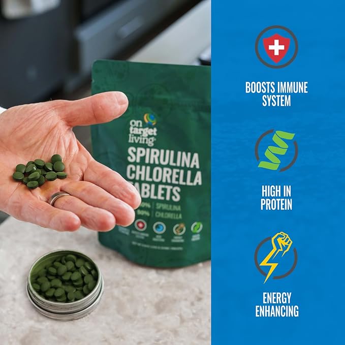On Target Living Organic Spirulina Chlorella Travel Size | Super Greens | USDA Organic | 250 Tablets- 250 G (2.2 oz) | Vegan | Immune Support | Alkalyzing | Protein Dense
