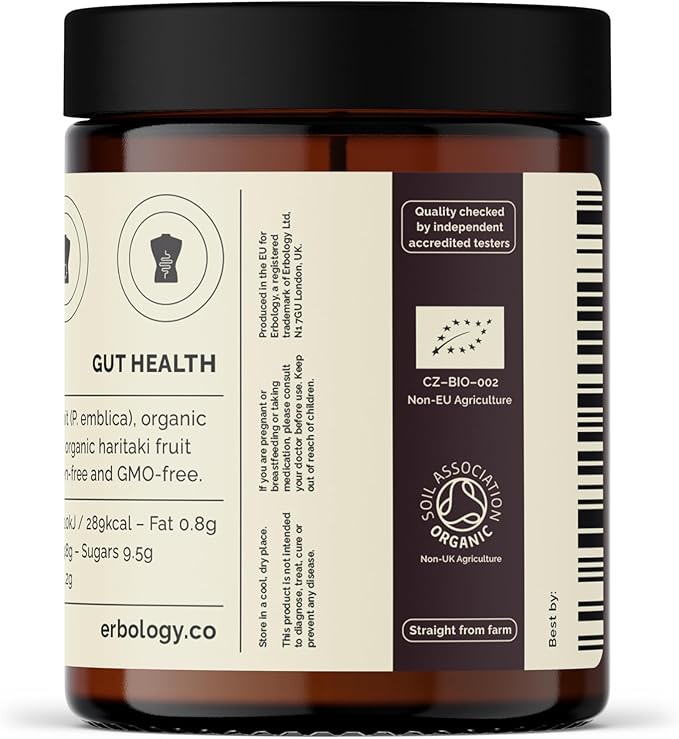 Erbology Organic Triphala Powder 3.2 oz - 45 Servings - Ayurvedic Blend of Amla, Haritaki and Bibhitaki - Gut Health - Sustainably Sourced Straight from Farm in India - Small Batch - Vegan - GMO-Free