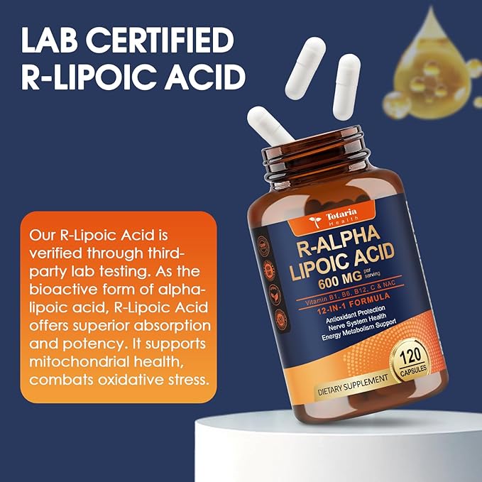 R Alpha Lipoic Acid 600mg - ALA Supplement for Neuropathy & Antioxidant Support Capsules, Nerve Health, Cell Energy, Metabolism and Anti-Aging, Non-GMO, Gluten Free, Vegan Safe 120 Counts