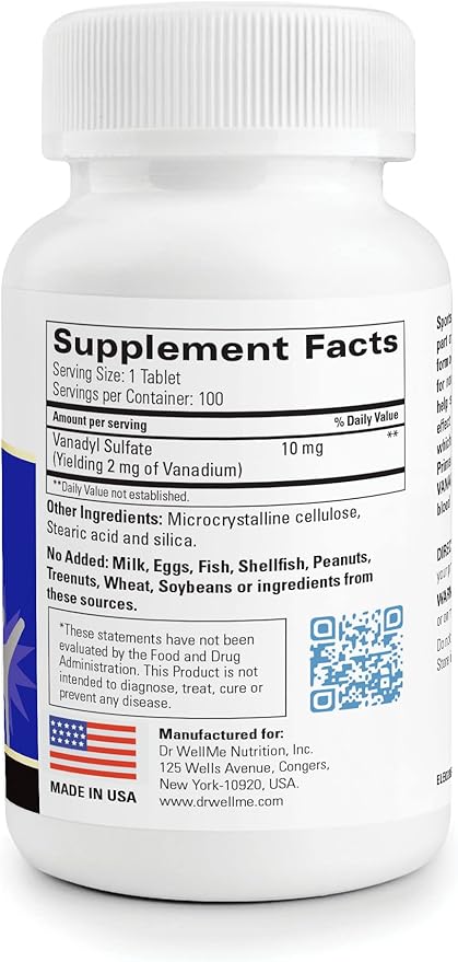 Dr. WellMe Vanadyl Sulfate 10mg – 100 Tablets Blood Sugar, Maintain Glucose & Metabolism – Non-GMO, Gluten-Free Supplement for Men & Women
