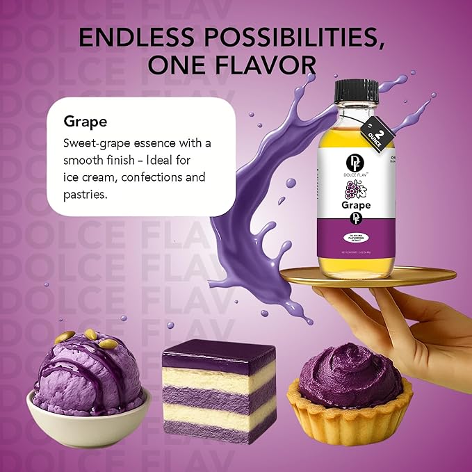 Dolce Flav Grape Extract – 2 Ounce Oil-Soluble Kosher, Sugar-Free, Concentrated Fruit Flavor for Candy, Chocolates & Desserts, Includes Measured Dropper