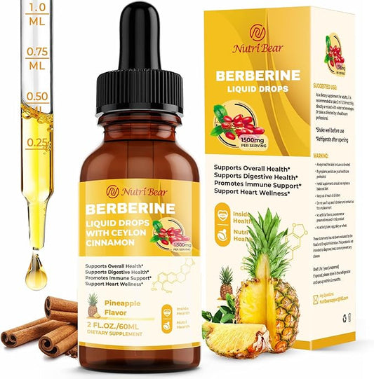 Berberine Supplement with Ceylon Cinnamon, Berberine HCL Liquid Drops with Turmeric, Bitter Melon, Quercetin, 10X Strength AMPK for Digestion System, Immune Health Support -Vegetarian, 2 fl oz