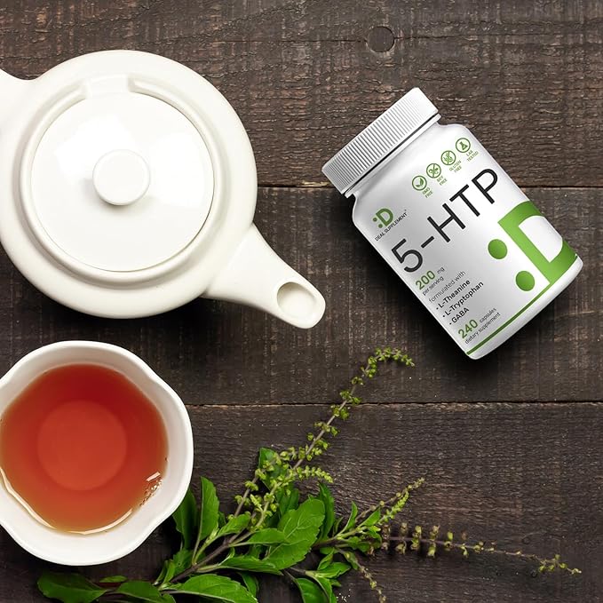 5-HTP 200mg Per Serving, 240 Capsules, 98% African Derived Griffonia Seed Extract | 4 in 1 Formula | Plus Active L Theanine, L Tryptophan, & GABA | Relaxation Support