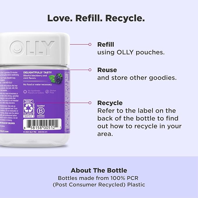 OLLY Restful Sleep Gummy Supplement with Melatonin & L-Theanine Chamomile, Blackberry Zen, 50 Gummies (25 Day Supply) Supports a Healthy Sleep Cycle* (Packaging May Vary)