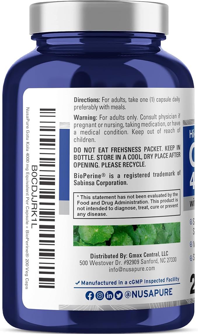 NusaPure Gotu Kola Capsules 20:1 Extract, 200 mg Equivalent to 4000mg Per Veggie Caps, 200 Count, Non-GMO, Vegan, Bioperine - Traditional Herb Extract